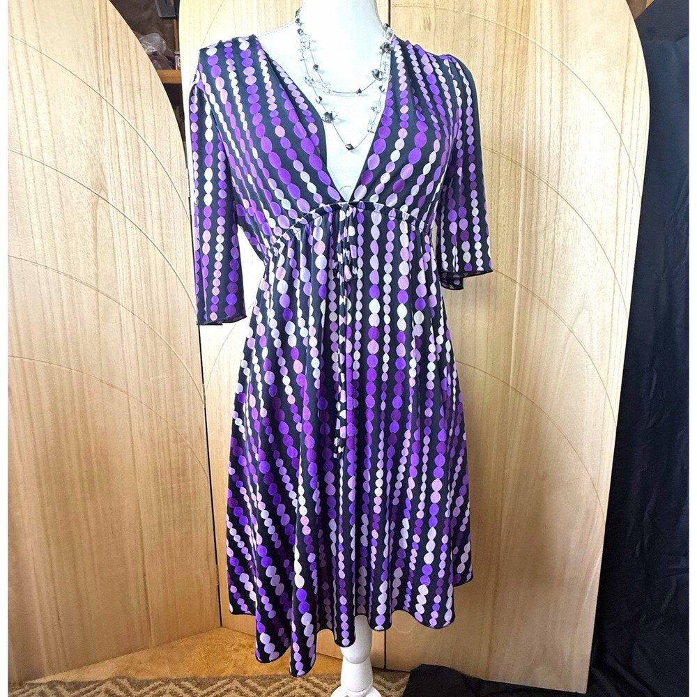 Vintage Y2K Lia Lee Purple Geo Dot Plunge Mini Dress Empire Waist Whimsigoth M